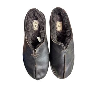 UGG Men's Leather Shearling Clog Slippers Size 10 Black Brown Pre-Owned